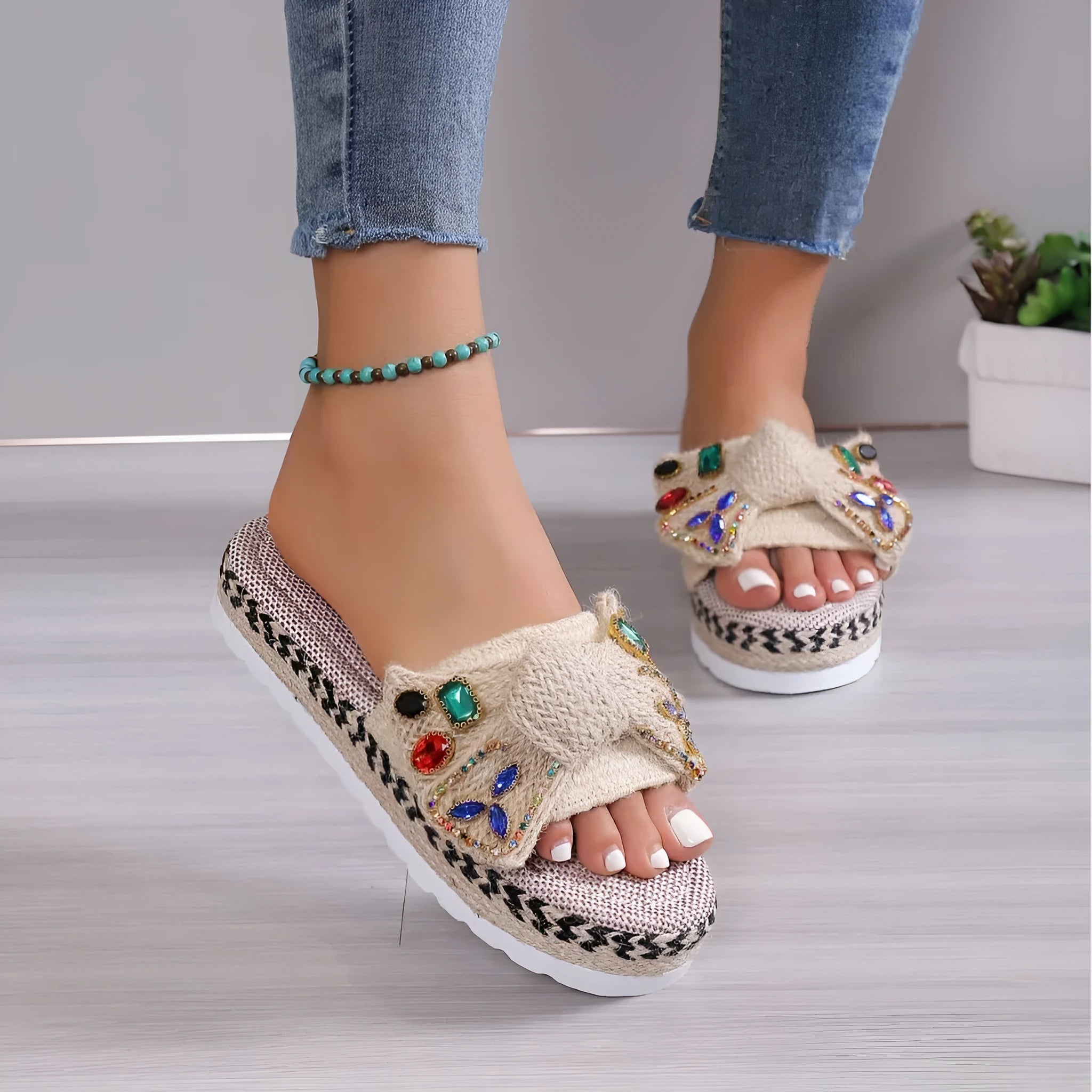 Beige women's platform sandals with bow detail and round cloth upper toe