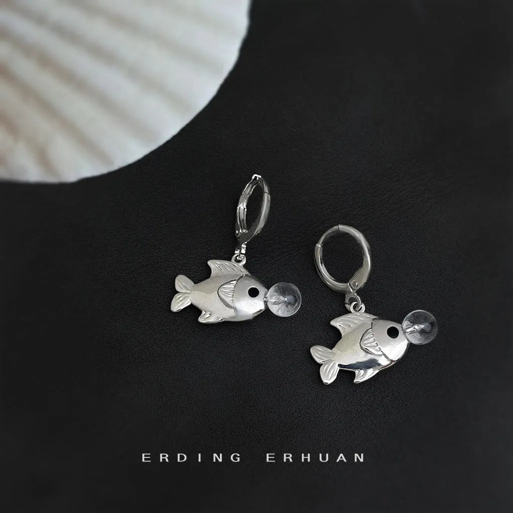 Bubble fish design earrings in electroplated copper with animal modelling and goldfish elements