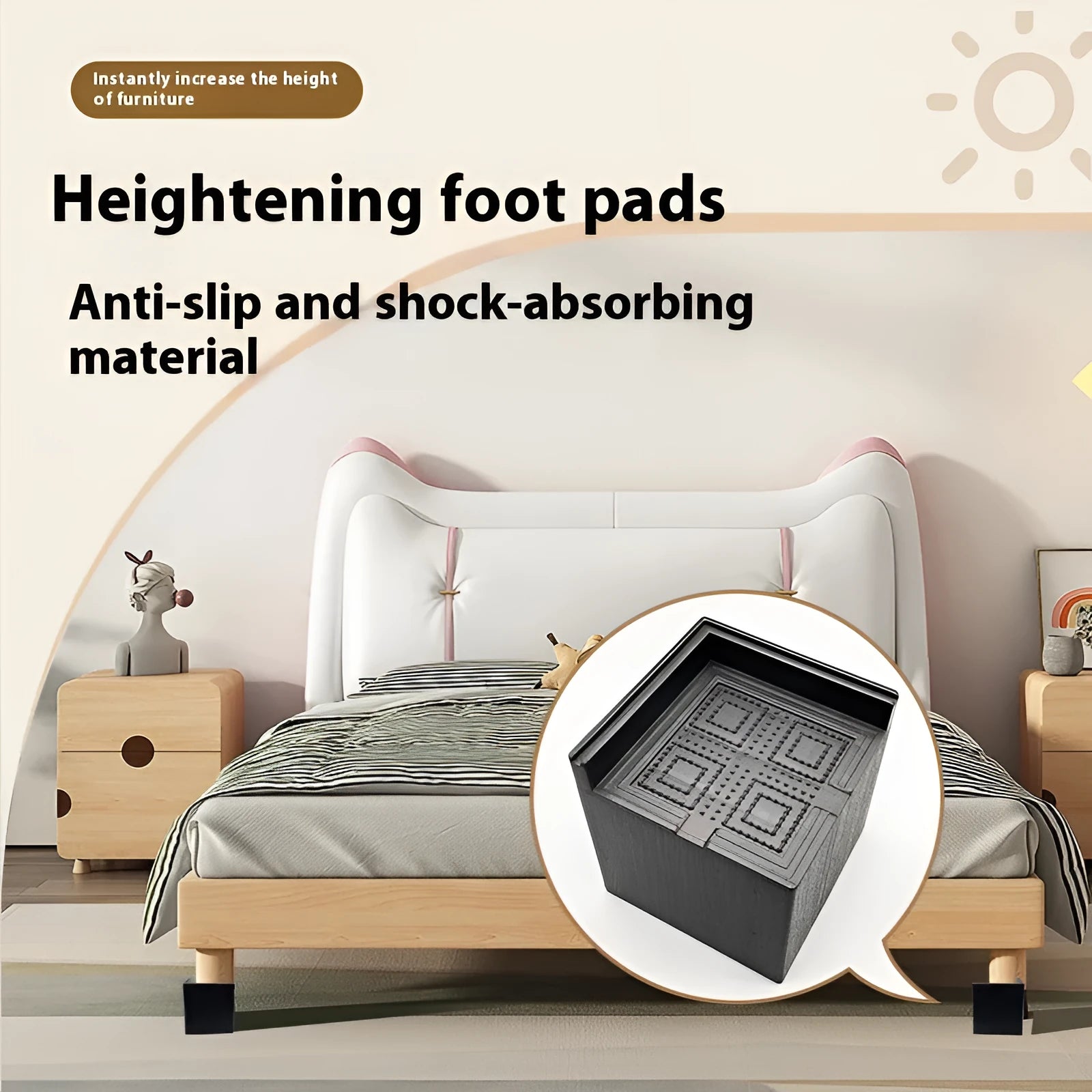 Four black thickened plastic floor mats for furniture leg levelling