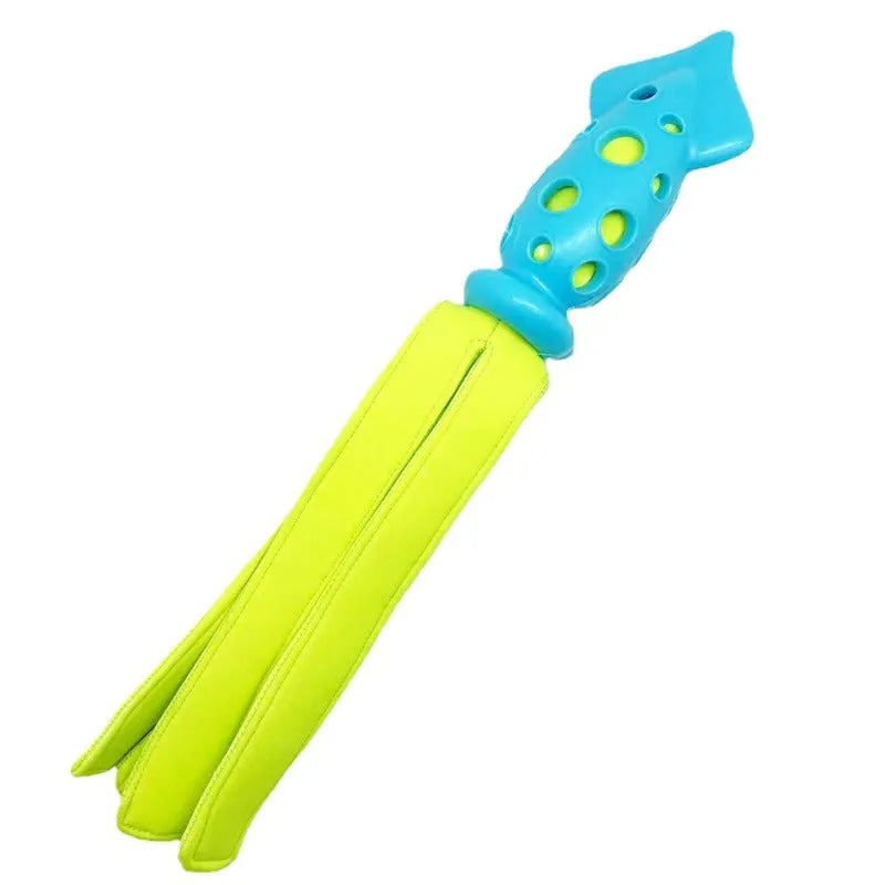 Blue dog chew toy shaped like a cuttlefish with squeaker for teeth cleaning and interactive play