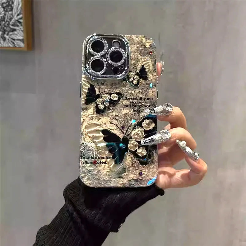Retro brown butterfly acrylic phone case with lens bracket for Apple iPhone
