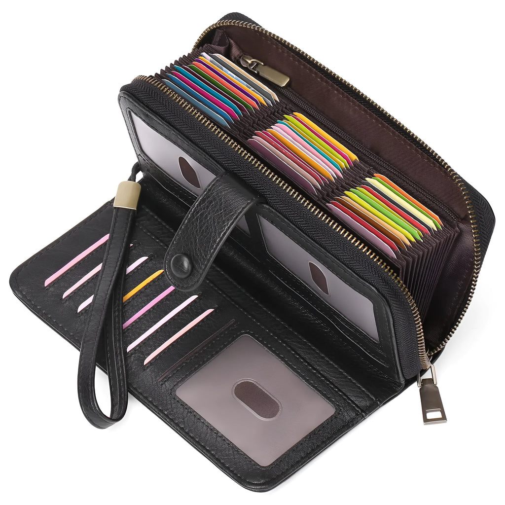 Women's expanding long wallet in PU leather with RFID anti-theft protection, shown in a light brown colour.