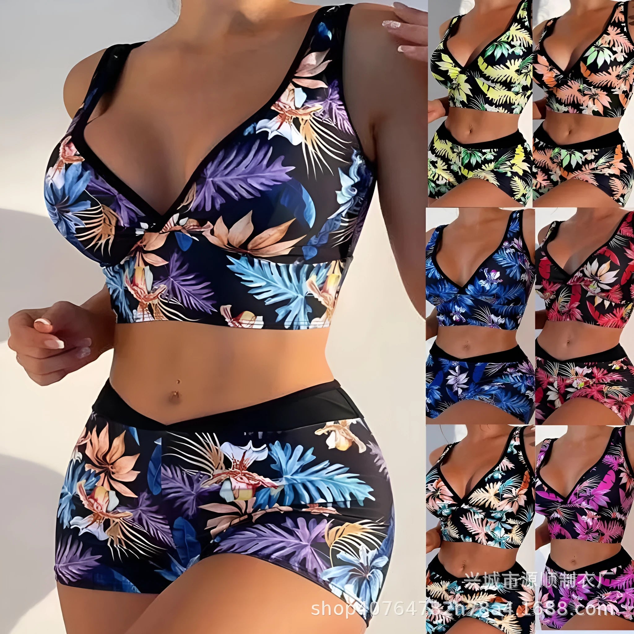 Women's two-piece swimsuit set with printed boxer briefs and sleeveless top in a multi-colour pattern.