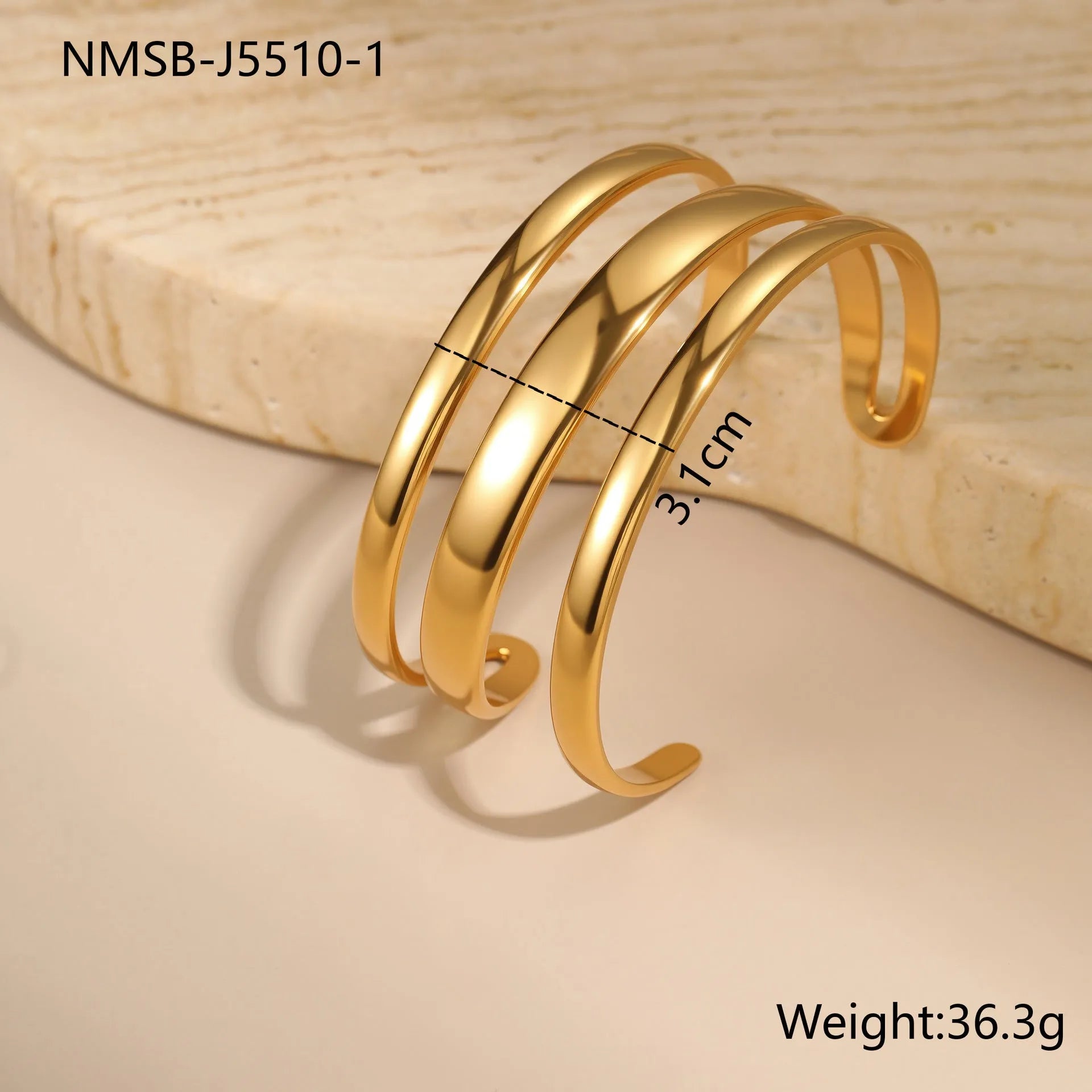 Geometric stainless steel bracelet with simple opening and linear decoration in gold or steel finish