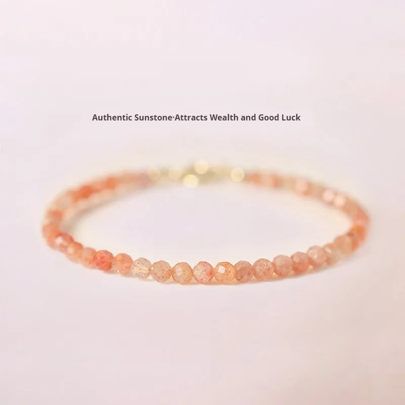 Natural sunstone crystal bracelet with ultra-thin 3mm beads on wrist, handmade women's accessory