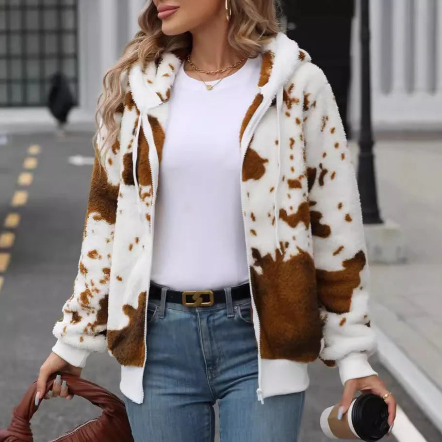 Yellow-brown animal print hooded cardigan jacket with zip front and plush fabric