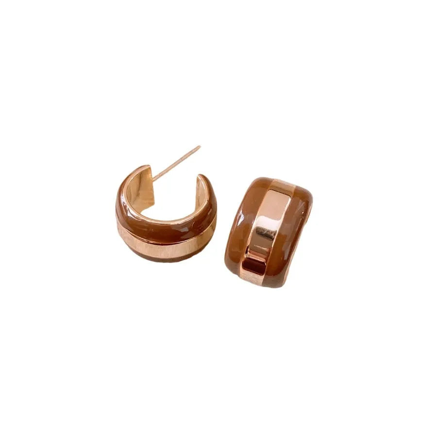 Real gold plated silver needle striped round stud earrings for women in golden coffee colour
