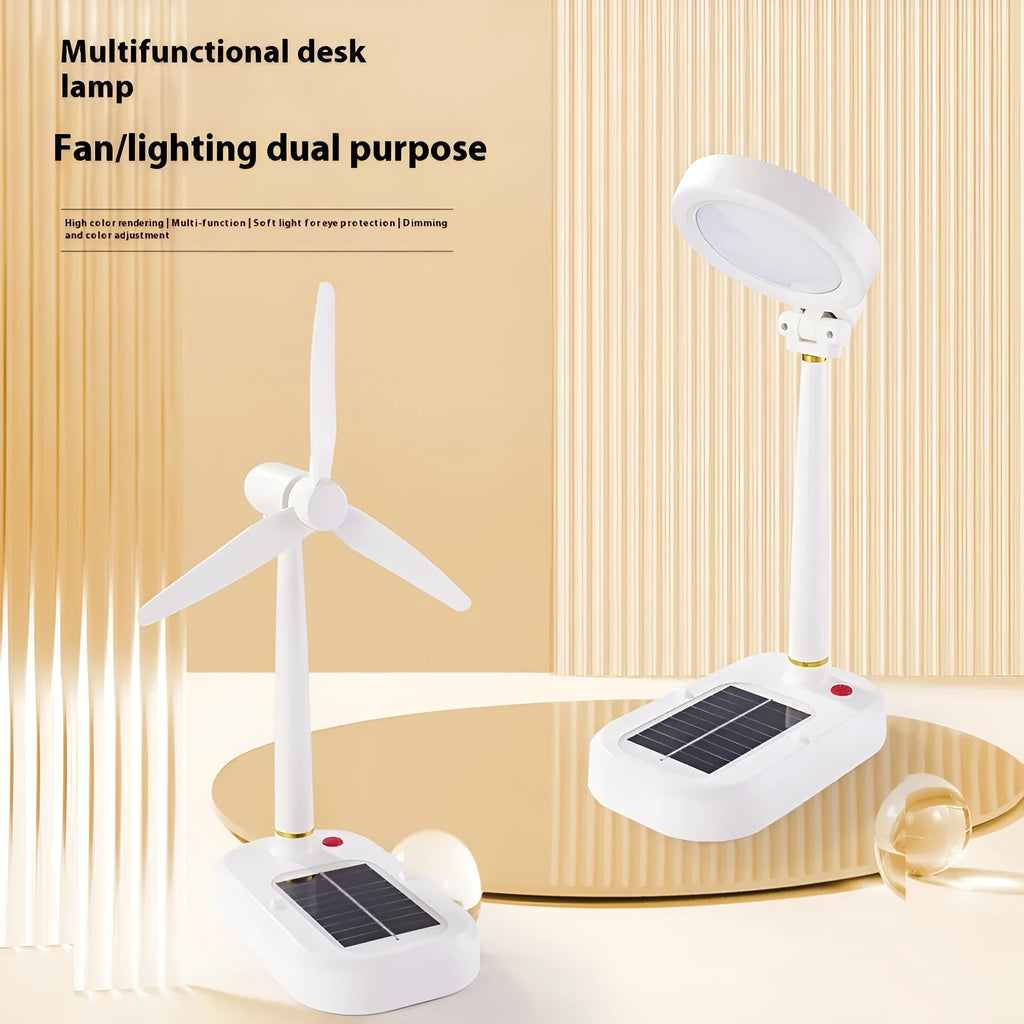 Ivory white solar-powered table fan and LED desk lamp with USB-C charging port
