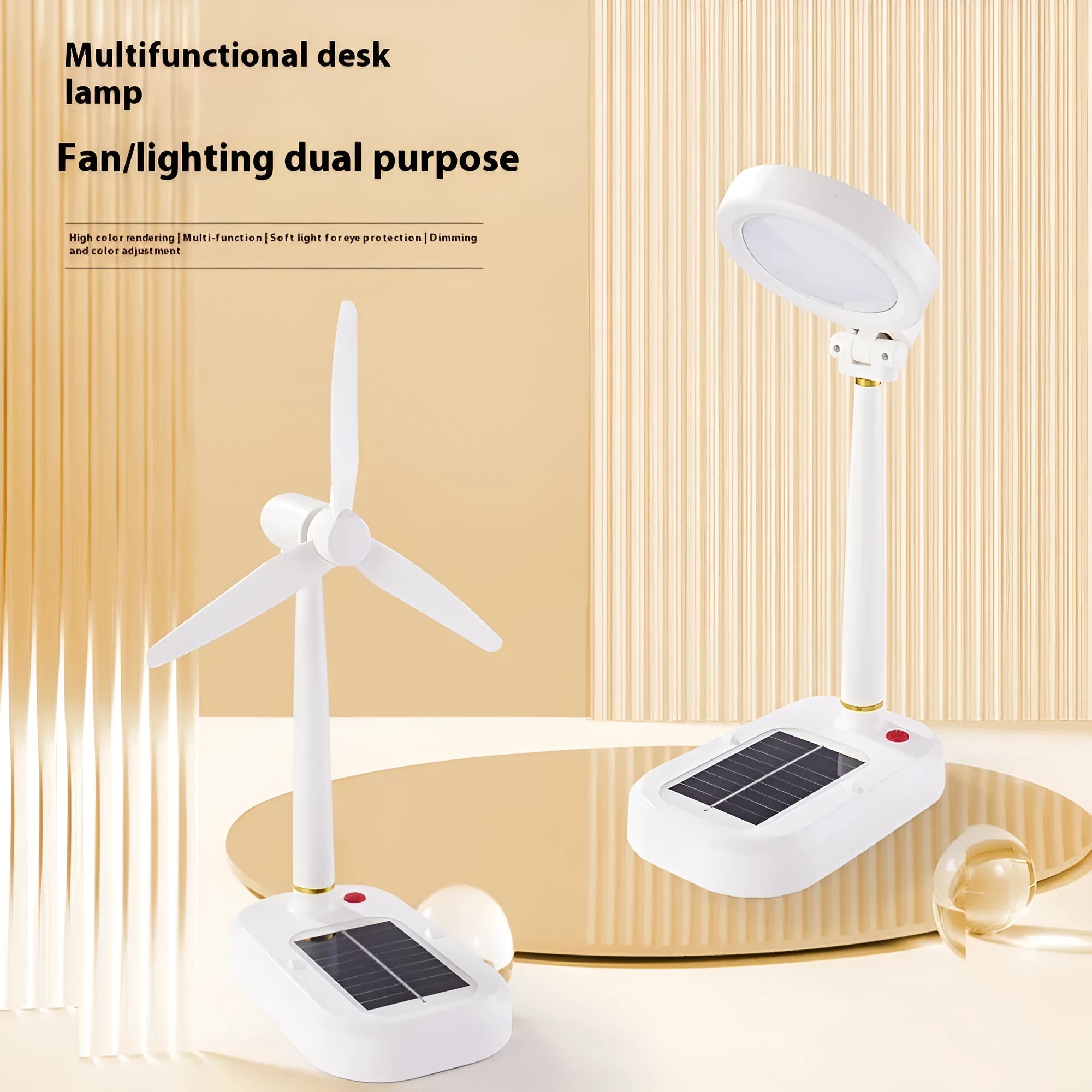 Ivory white solar-powered table fan and LED desk lamp with USB-C charging port