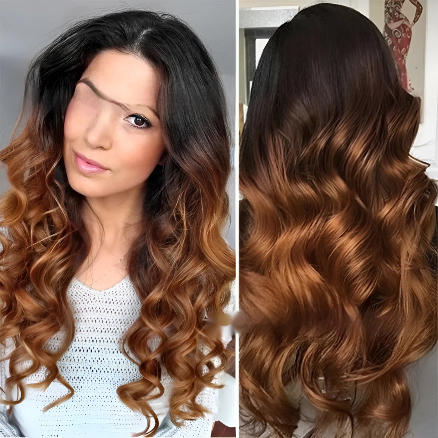 Real human hair Ruili style gradient lace front wig on a model, showing long waves.