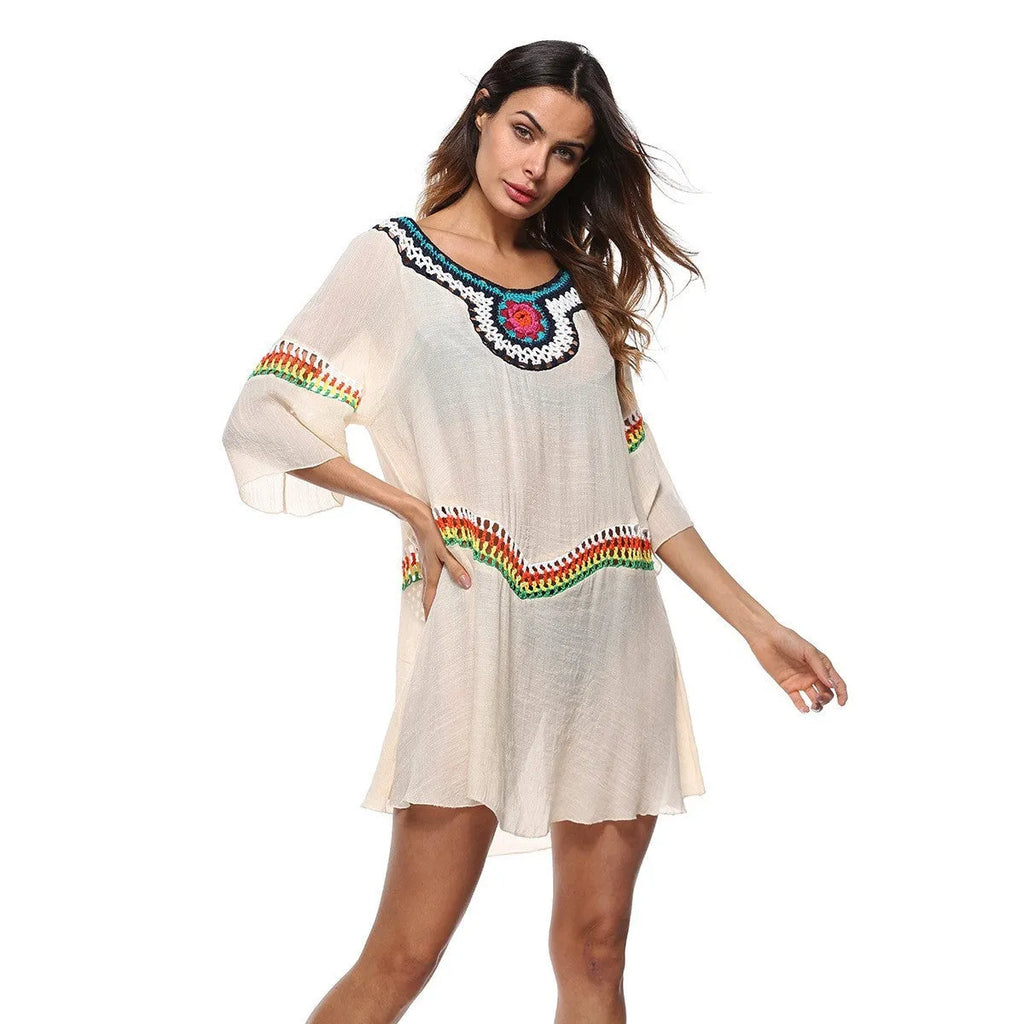 Crocheted ethnic style beach cover-up for women in acrylic polyester fabric