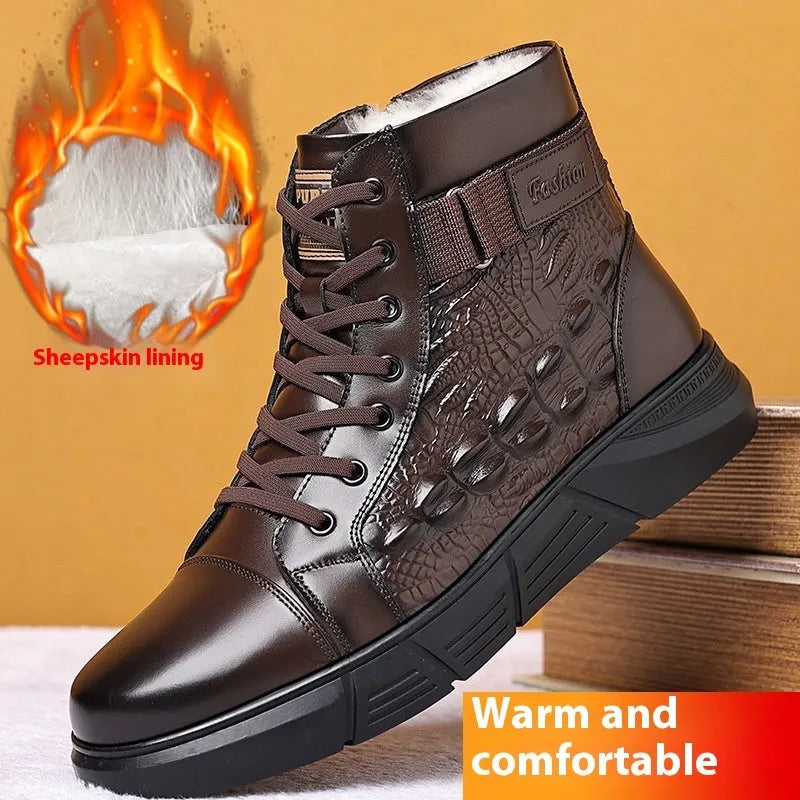 Men's black winter boots with fur lining, genuine leather uppers, and rubber soles shown with lace-up front