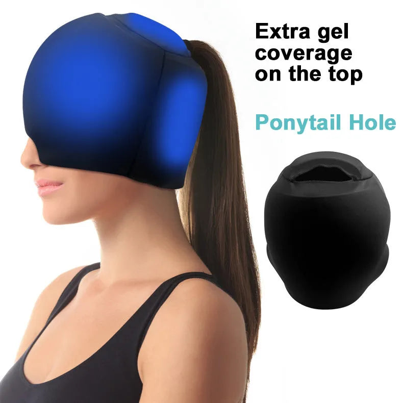 Simple solid colour cold compress cap in black, dark blue, or pink with fully enclosed design
