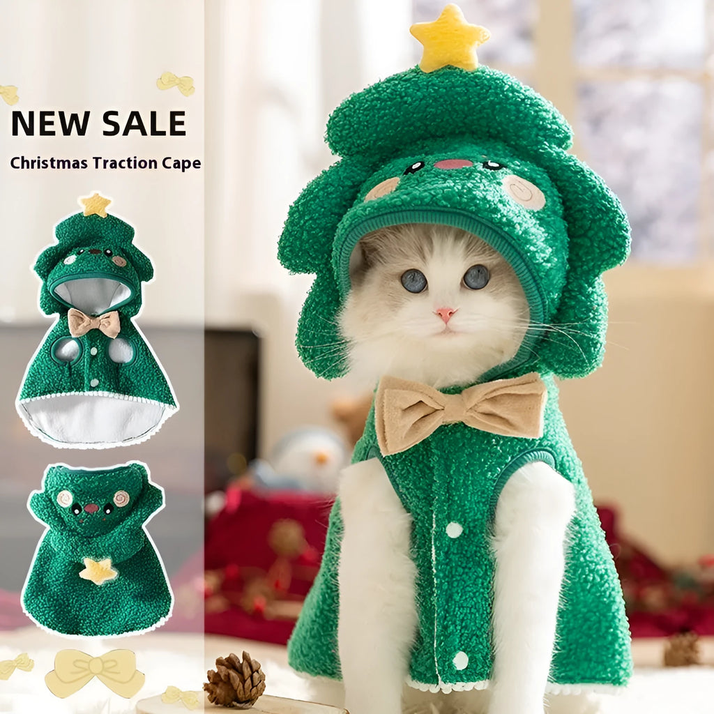 Cat wearing warm thickened elk cloak in polyester with drawable closure, available in brown or green elk pattern