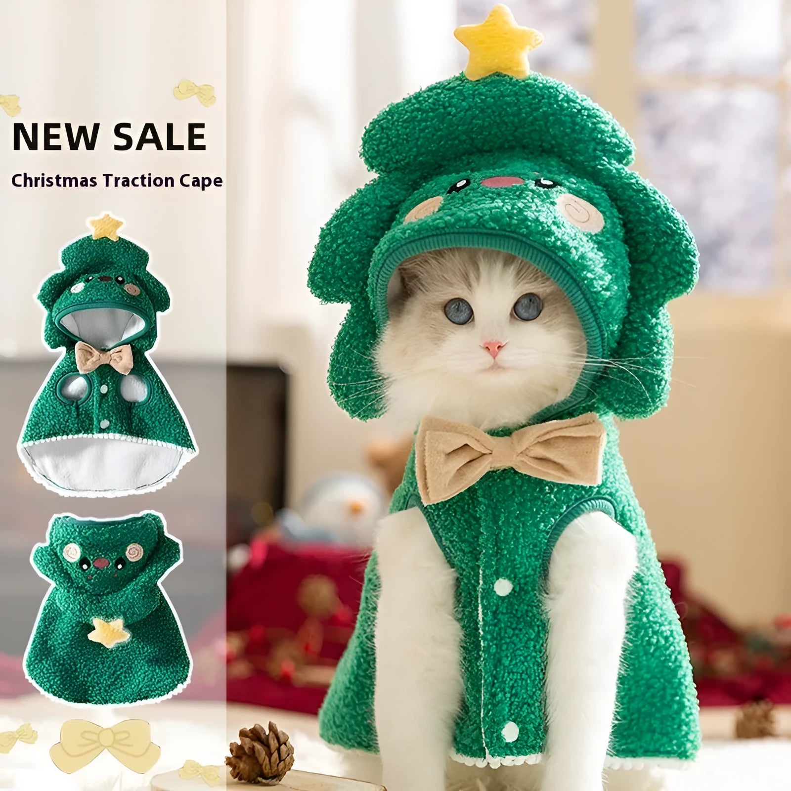 Cat wearing warm thickened elk cloak in polyester with drawable closure, available in brown or green elk pattern