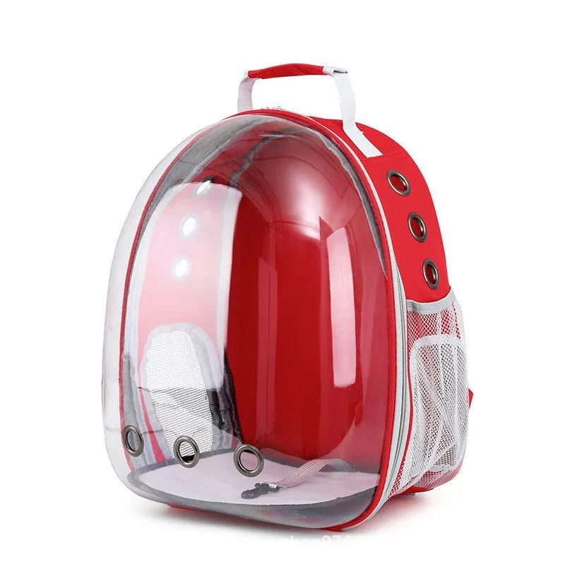 Grey polycarbonate astronaut-style cat carrier bag with side opening and carry handle.