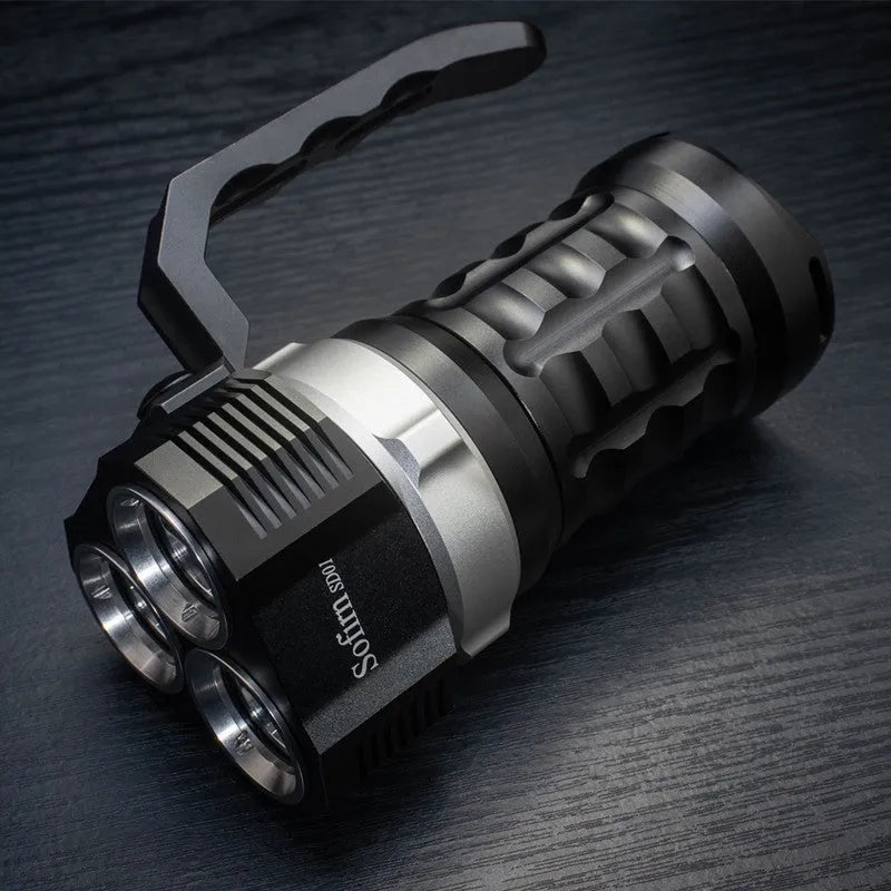 Aluminium alloy diving flashlight with 18cm tube design, shown for outdoor and diving use.