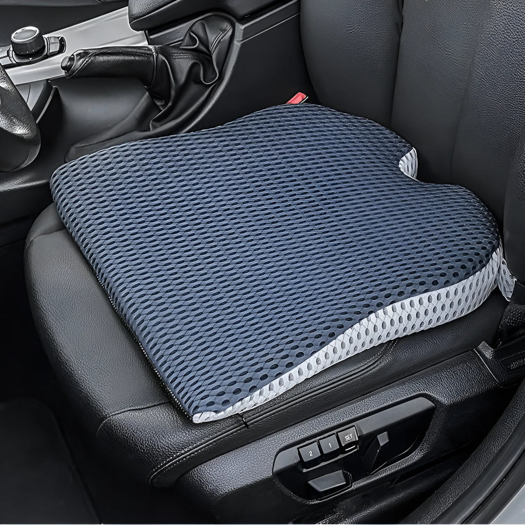 Memory foam seat cushion with fixed strap in black, grey and milky white colours