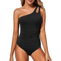 Women's solid colour one-piece nylon swimsuit in black, front view on model