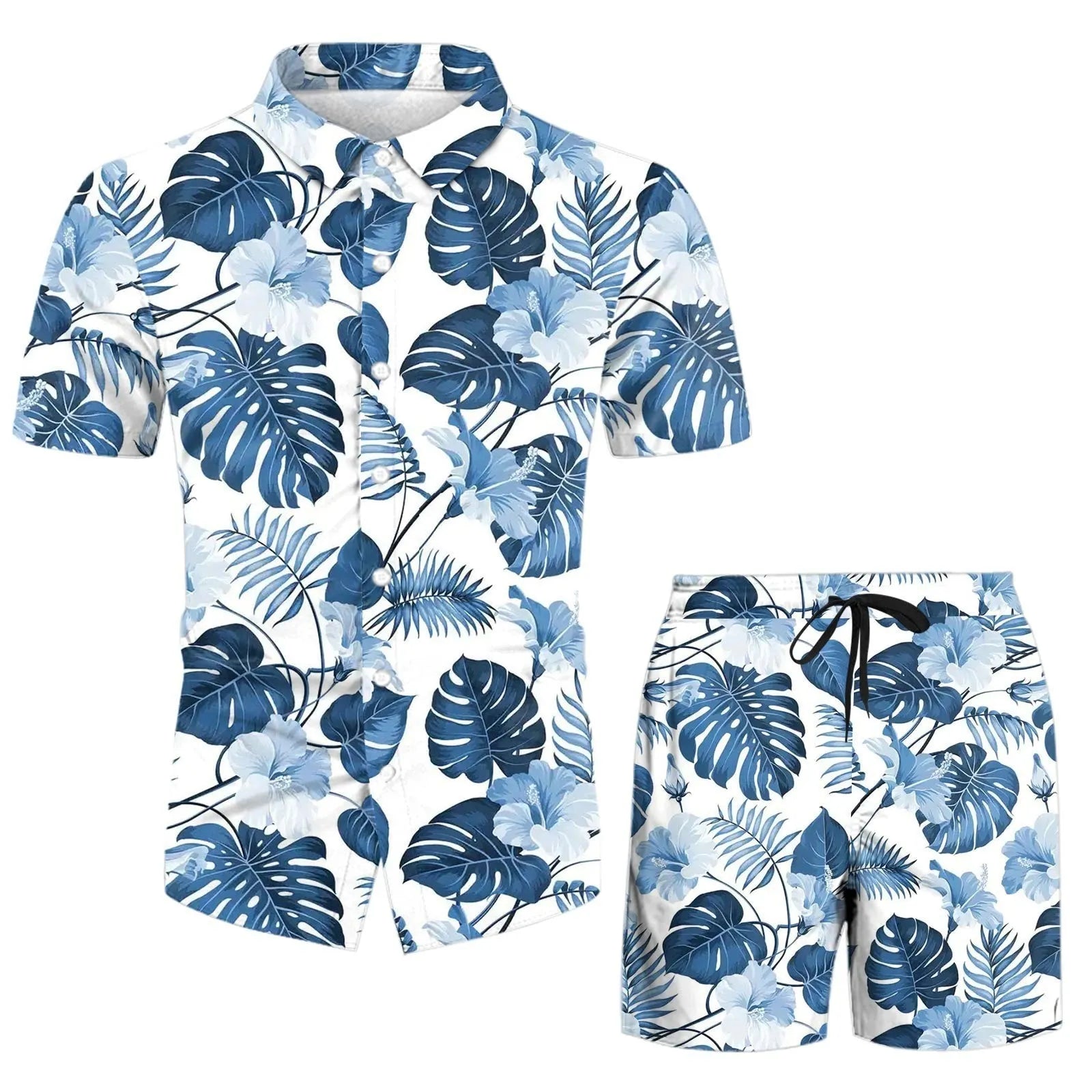 Digital printing men's casual short sleeve suit set with polyester top and trousers in multiple colours