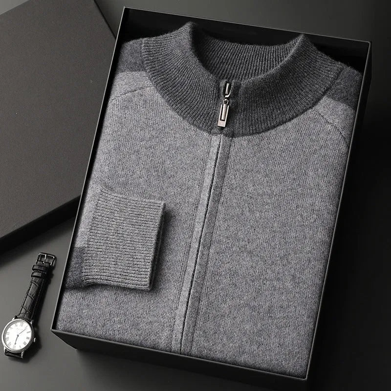 Men's cashmere wool blend cardigan suit with half turtleneck and matching trousers in winter colours