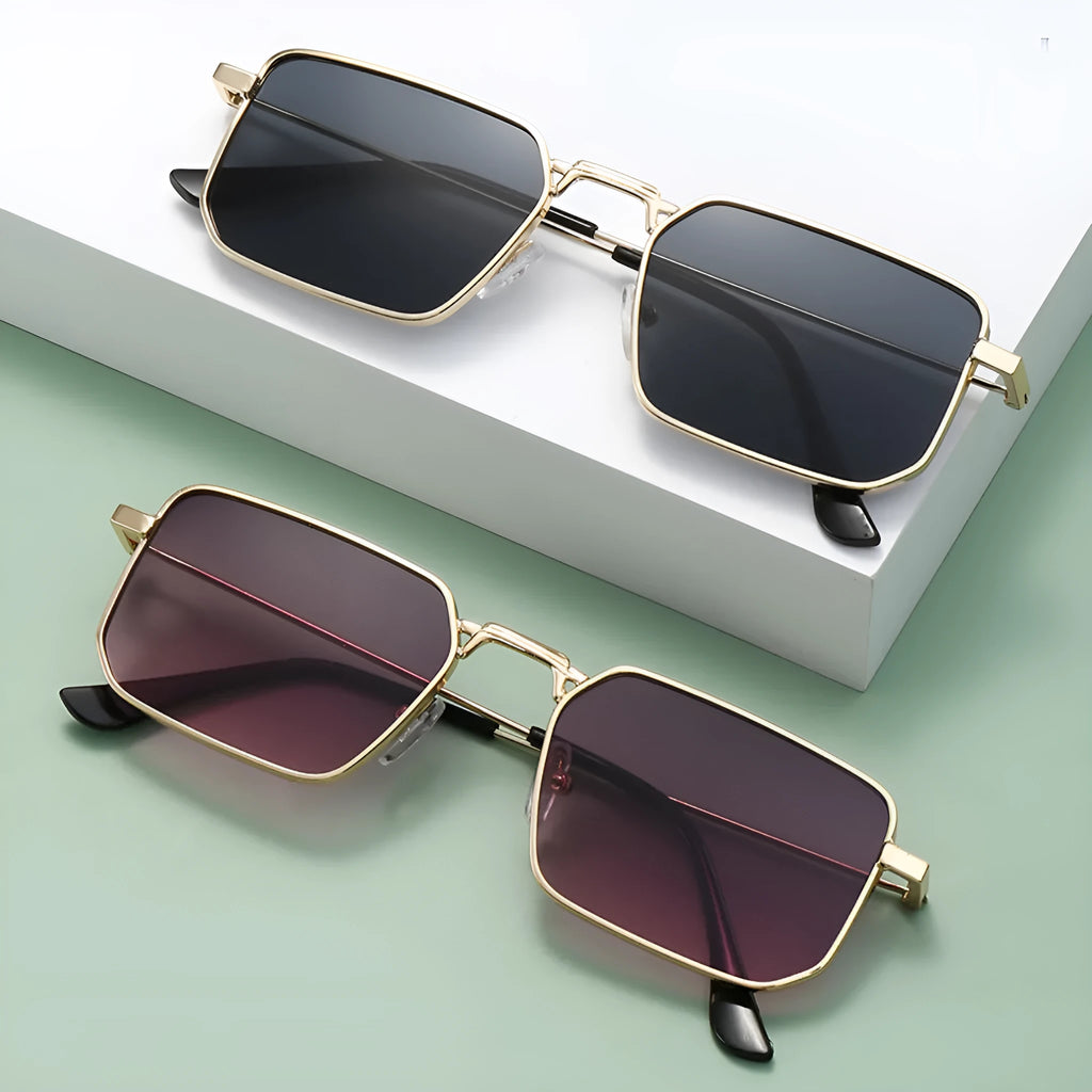Gold frame square men's steampunk sunglasses with gray lenses for sun protection outdoor wear