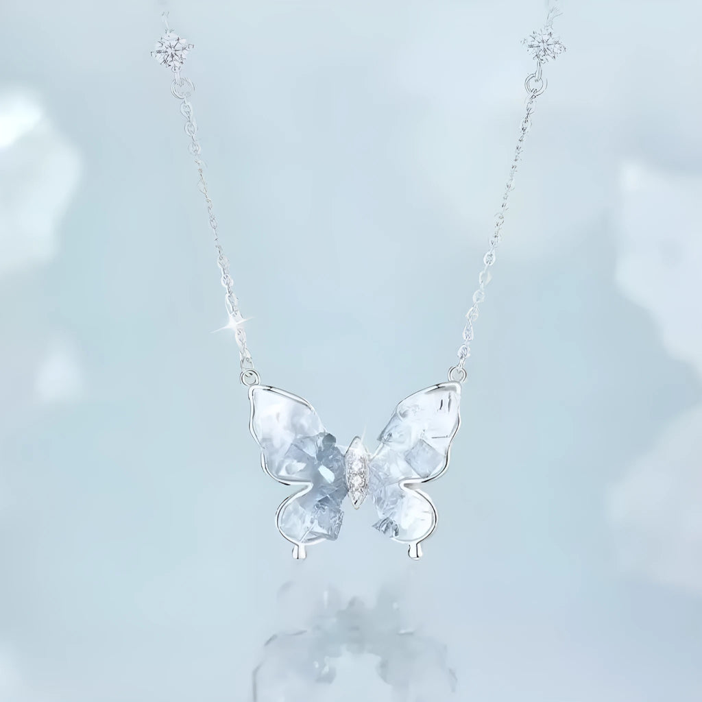 Bingyu butterfly clavicle necklace in S925 silver with ice rain pendant on O-ring chain