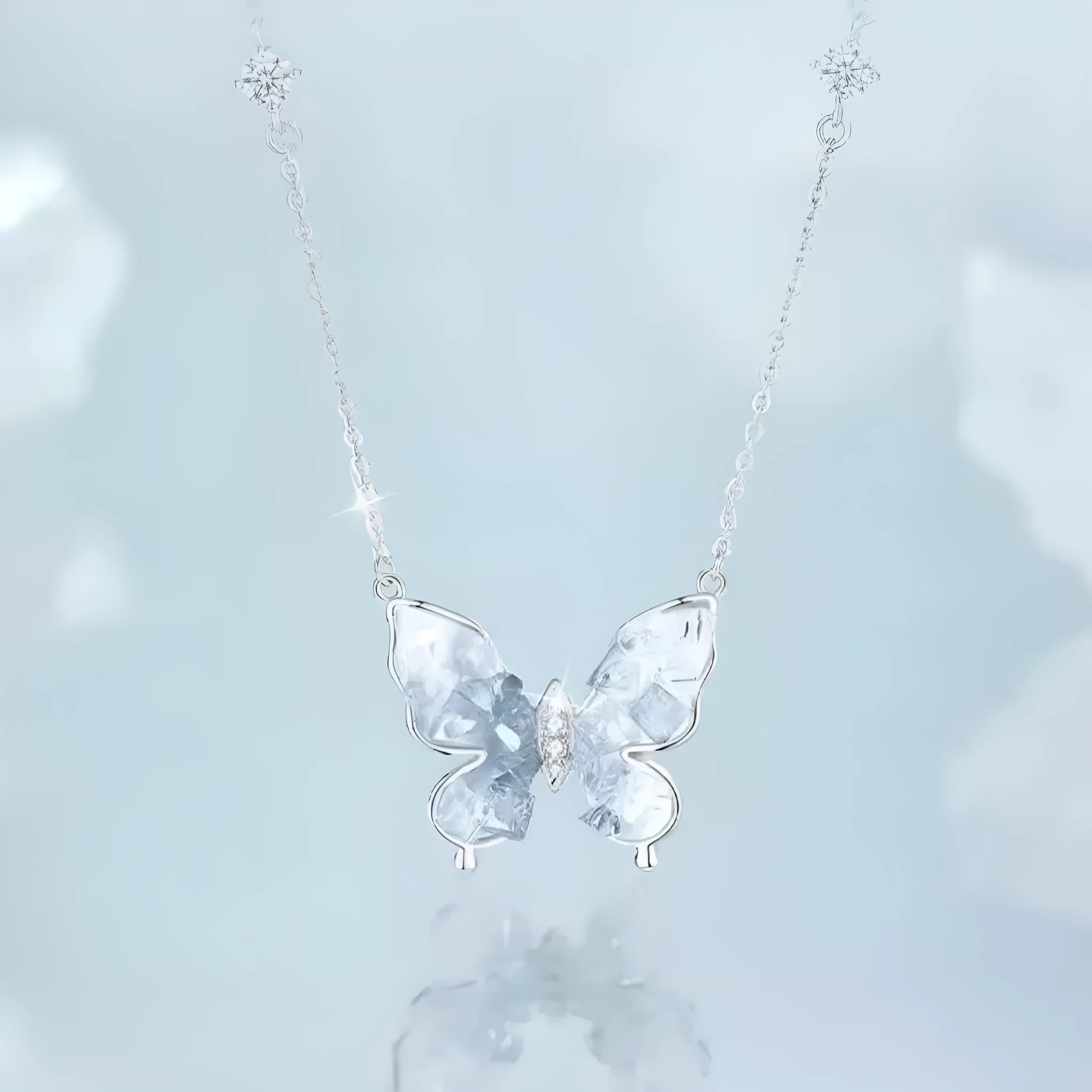 Bingyu butterfly clavicle necklace in S925 silver with ice rain pendant on O-ring chain