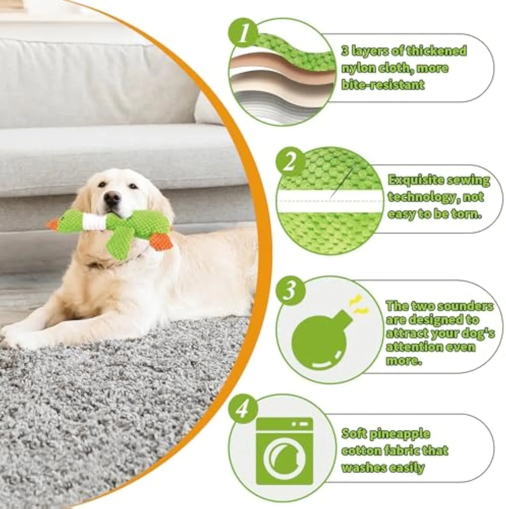 Blue duck-shaped plush dog toy with squeakers for chewing play measuring 33cm long