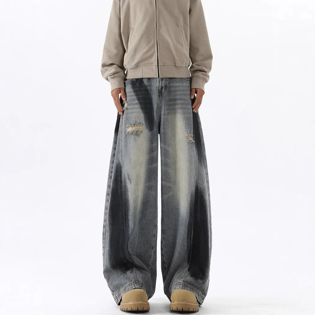 Men's blue American-style splash-ink ripped machete loose fit jeans with cotton fabric and mid waist