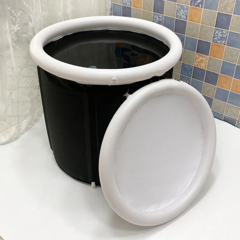 Portable inflatable ice bath in black, size 70x80cm, with weather lid, for outdoor recovery therapy