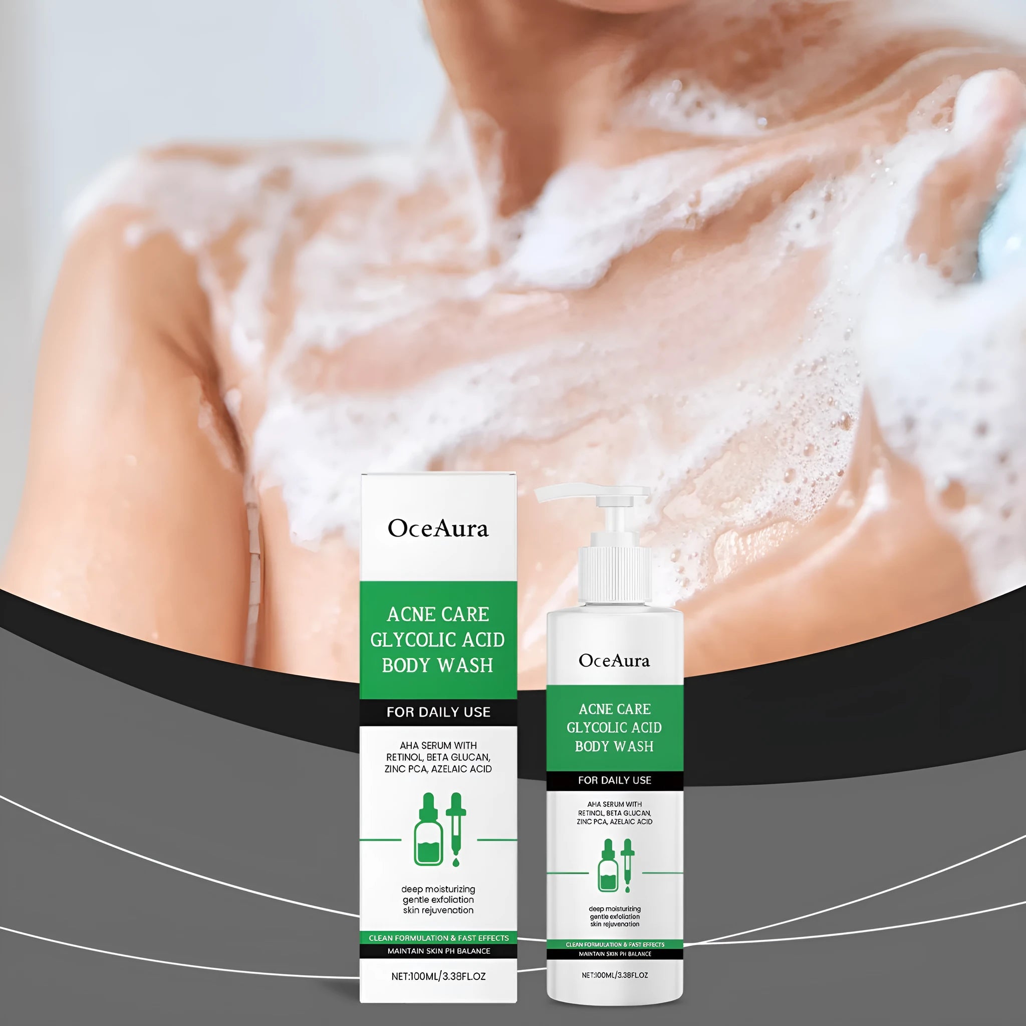 Soothing moisturising shower gel 100ml in a white bottle with blue cap, cleansing oil gently