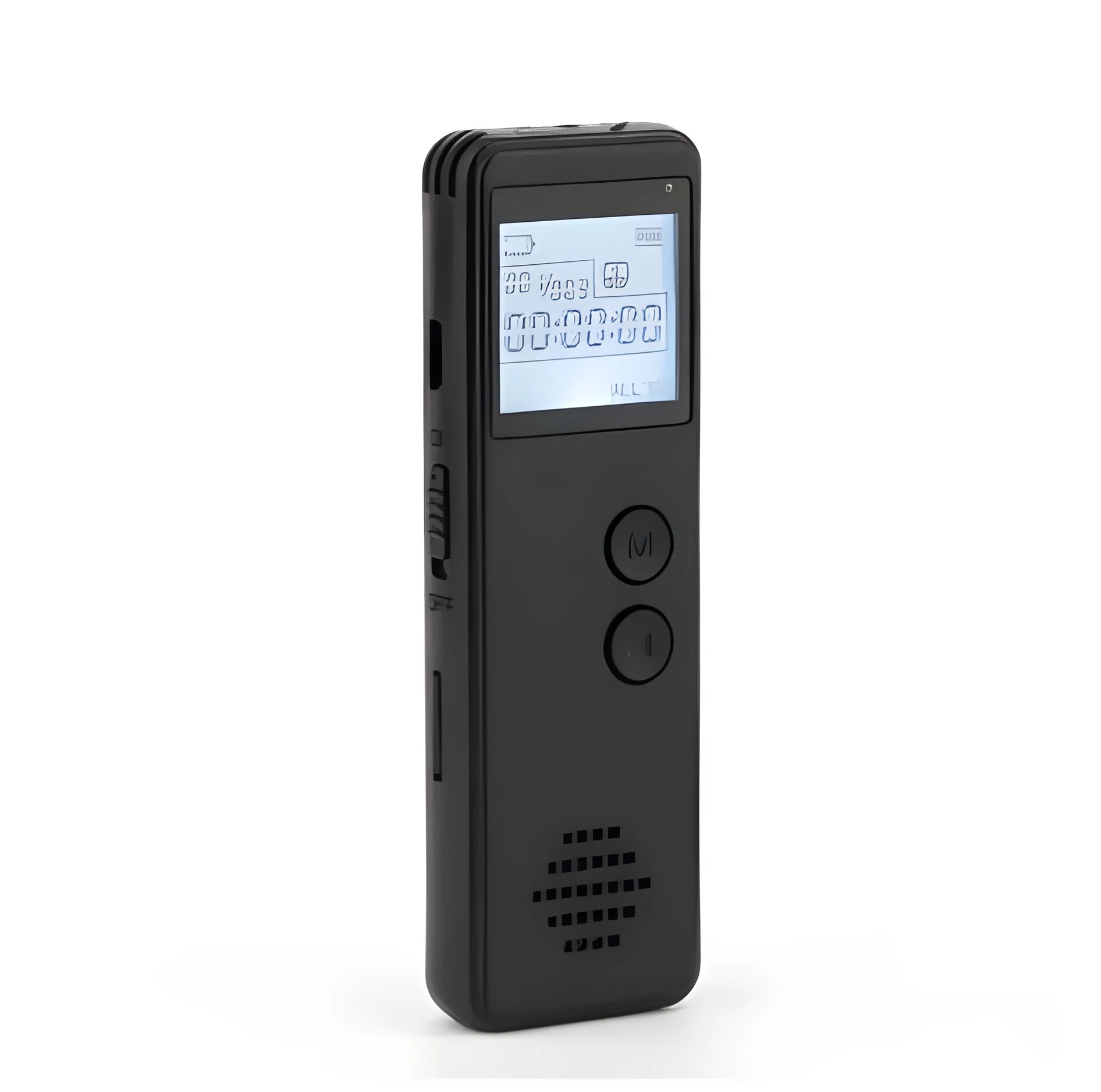 Black matte finish digital voice recorder with screen, showing one-key recording function.