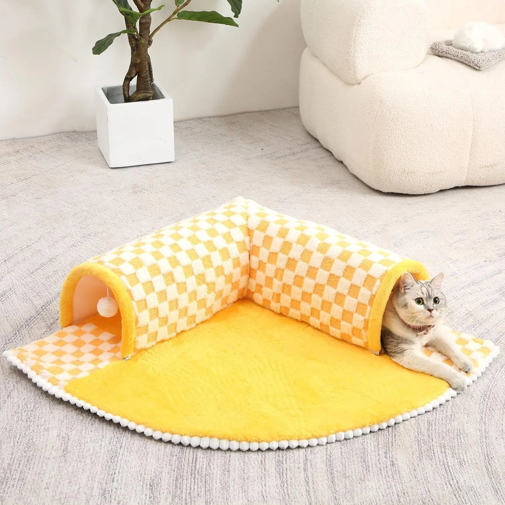 XL 80cm plush dog cat bed with tunnel and fan-shaped sleeping area in coffee plaid