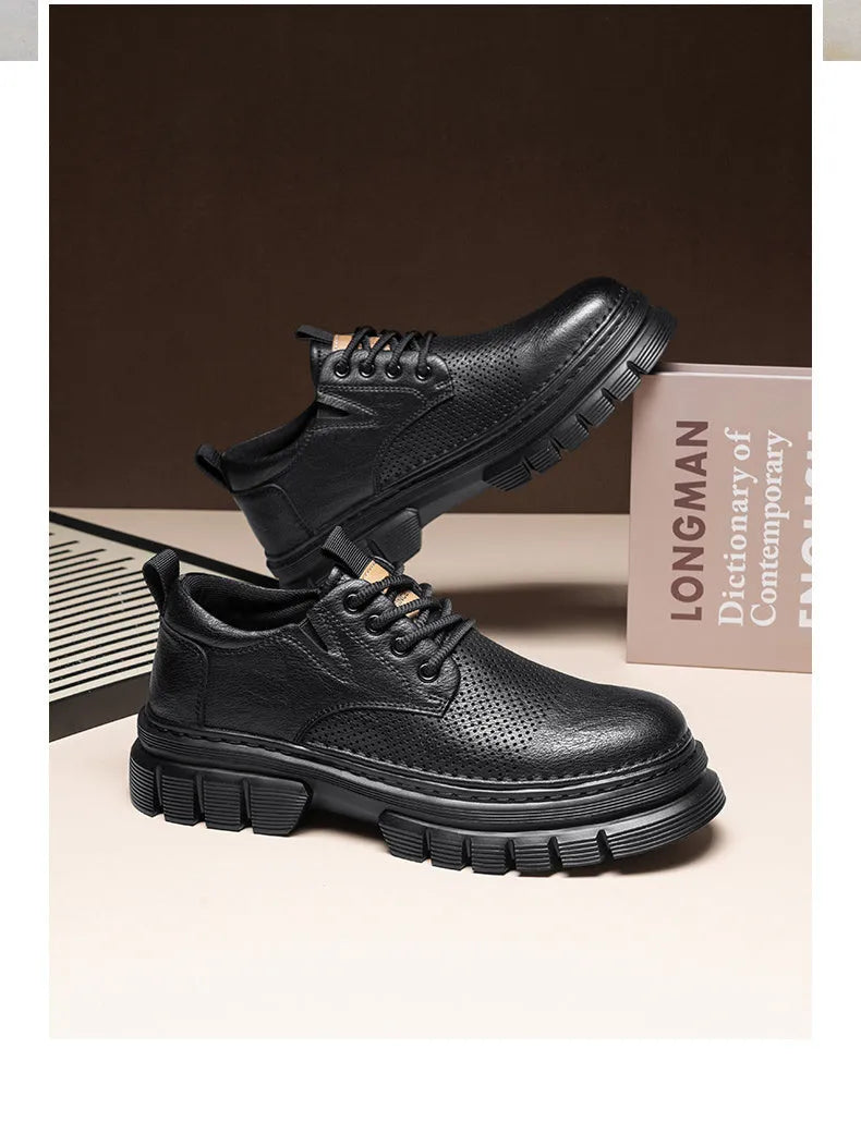 Genuine leather height increasing lace-up work casual shoes in black and brown with low heel and rubber sole