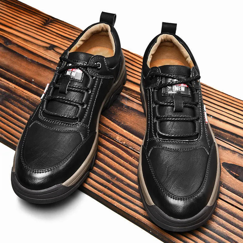 Men's British style round toe leather shoes with front lace-up and rubber sole, available in black and brown