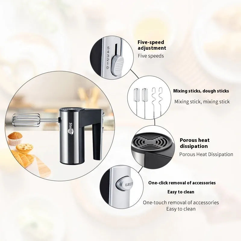 Handheld electric mixer with 500W power and five speed settings for baking preparation