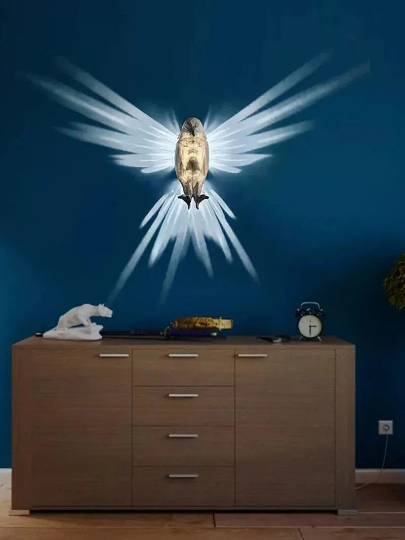 Eagle-shaped resin wall lamp with 3D print body projecting light and shadow on a wall