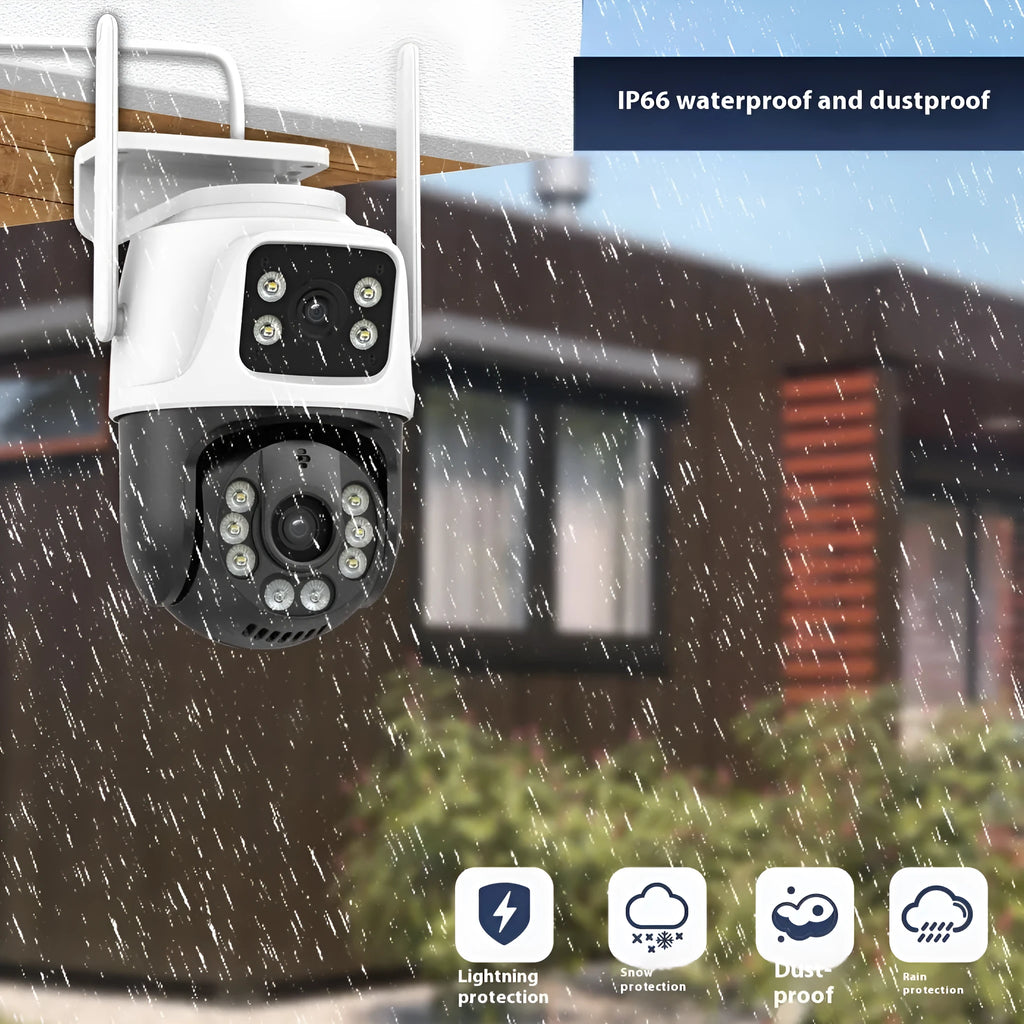 Outdoor wireless security camera with dual screen remote monitor showing 3MP resolution