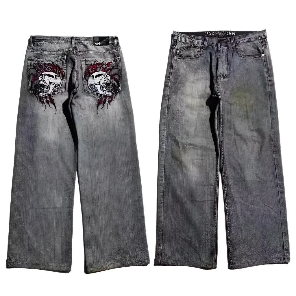 Men's grey washed-out wide-leg jeans with a straight-leg workwear design on a neutral background.