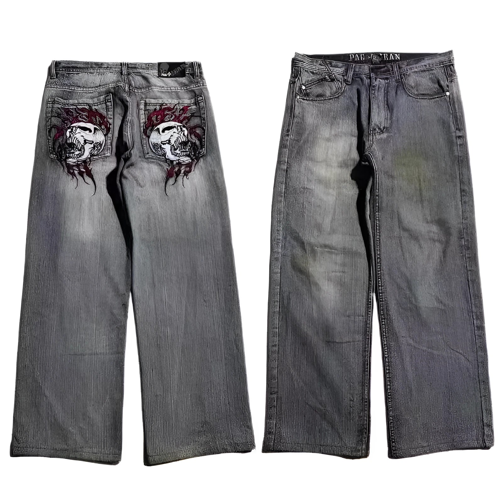 Men's grey washed-out wide-leg jeans with a straight-leg workwear design on a neutral background.