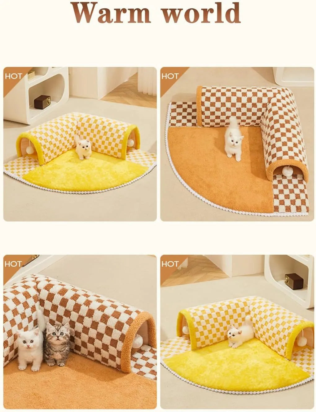 Brown plaid plush cat tunnel bed with a central mat on a wooden floor.