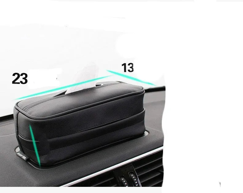 Black PU leather car hanging storage box with paper bag lining, dimensions 23x13x9cm