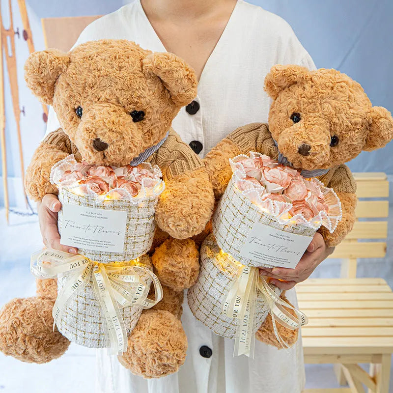 Bear doll with soap flower rose bouquet in clear case, available in 30cm, 40cm, and 50cm sizes