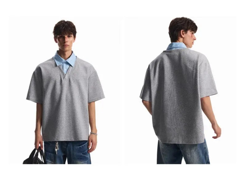 Men's niche design fake two-piece short sleeve T-shirt in black with stitching detail, loose fit