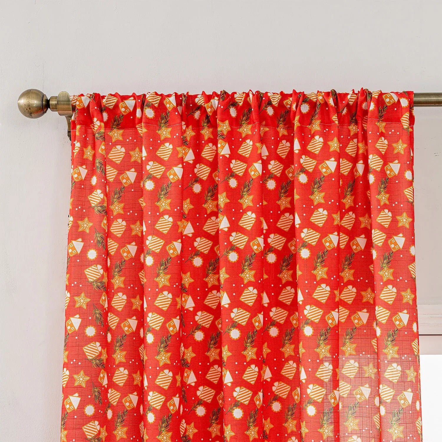 Green and red Christmas curtain with printed snowman and angel cartoon designs for living room window treatment