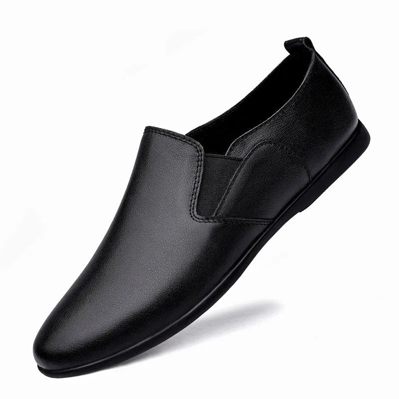 Men's black cowhide leather round toe business casual shoes on a white background