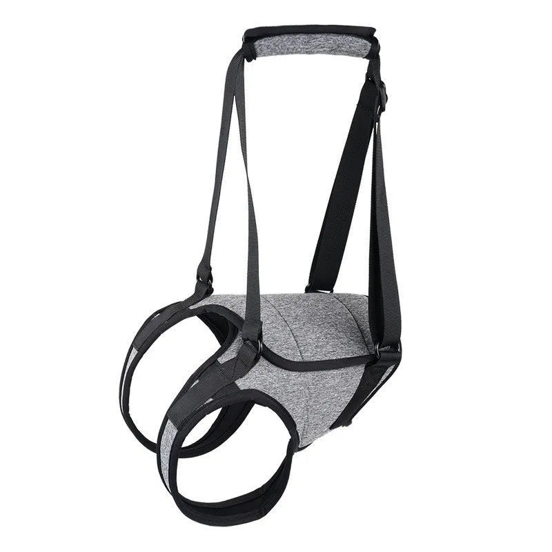 Grey neoprene dog rear leg support belt with adjustable waist and thigh straps laid flat.