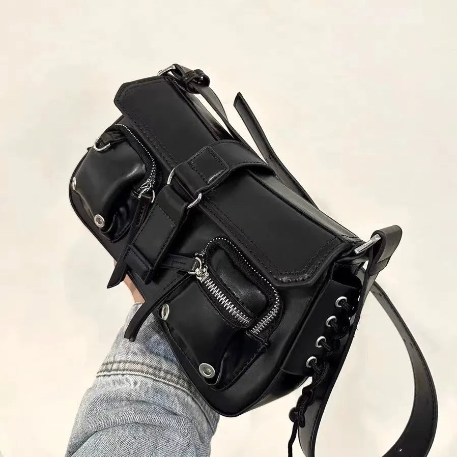 Black PU leather baguette messenger bag with adjustable crossbody strap and zippered compartment