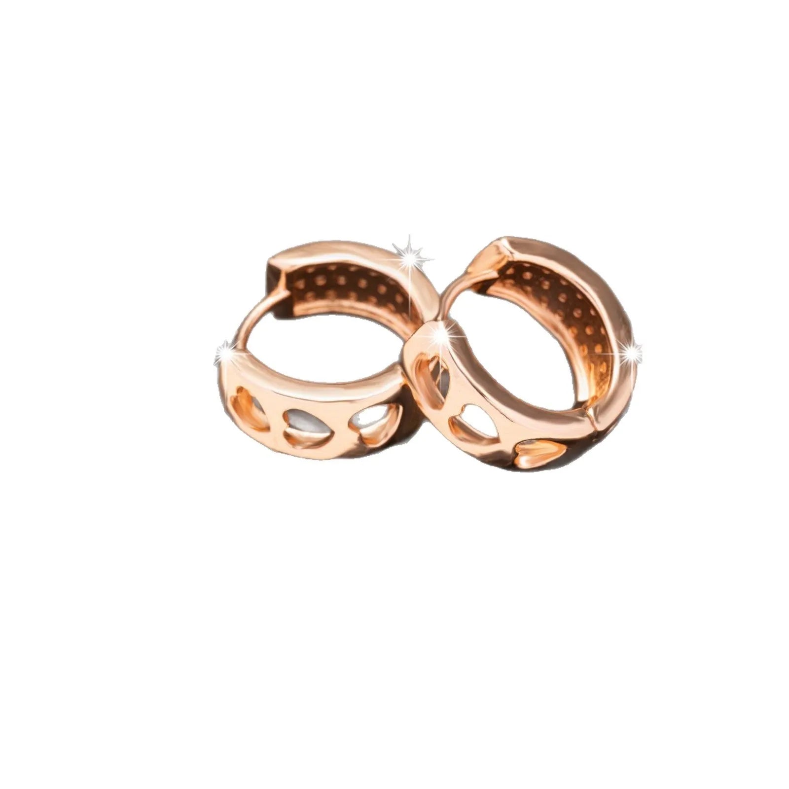 Rose gold electroplated women's earrings with hollow heart-shaped design and circular overall shape